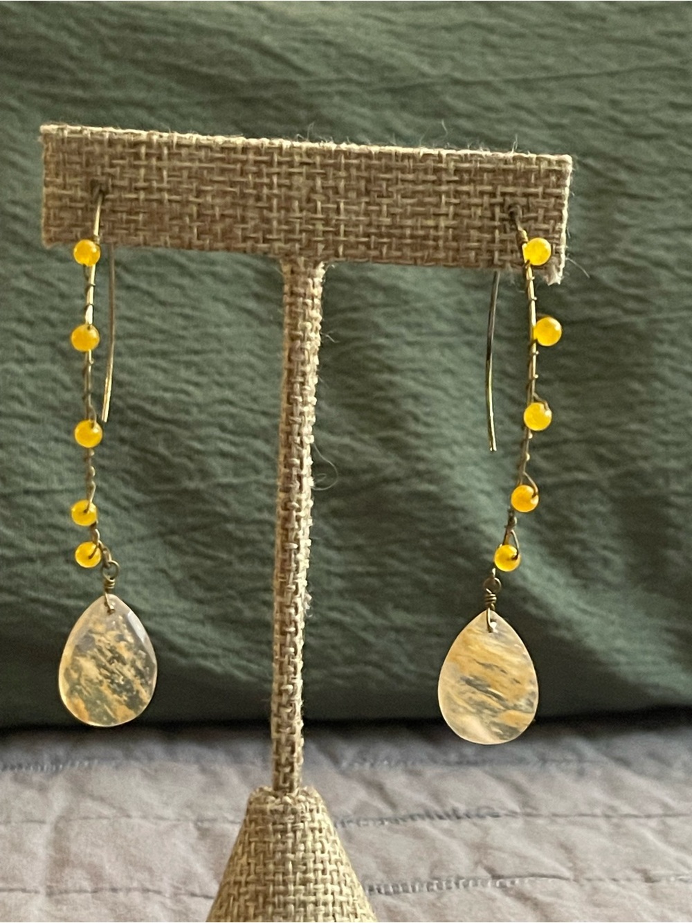 Handmade Yellow Bead and Stone Teardrop Dangle Earrings - Women Jewelry
